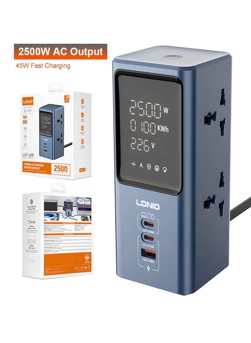 لدنيو مشترك كهرباء رأسي LDNIO SC2 بشاشة LED رقمية لمراقبة الطاقة والجهد، قدرة 2500 وات، شحن سريع USB حتى 45W، 4 مخارج كهرباء و3 منافذ USB، نظام حماية متعدد، تصميم آمن وموفر للمساحة للاستخدام المنزلي والمكتبي - Image 1